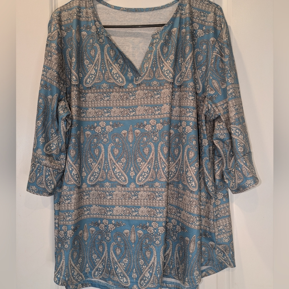 Paisley Boho Tunic Top Size XXL Blue White 3/4 Sleeve Flowy